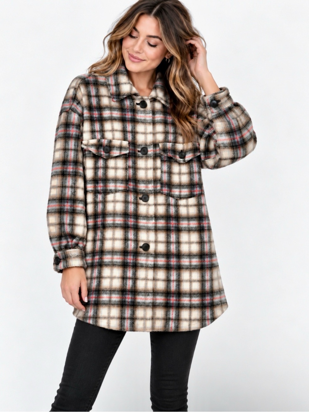 Forever 21 Plaid Wool Blend Button Down Shacket Jacket Cream Black Red Small S